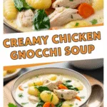 Creamy chicken gnocchi soup with tender chicken, spinach, and carrots bowl