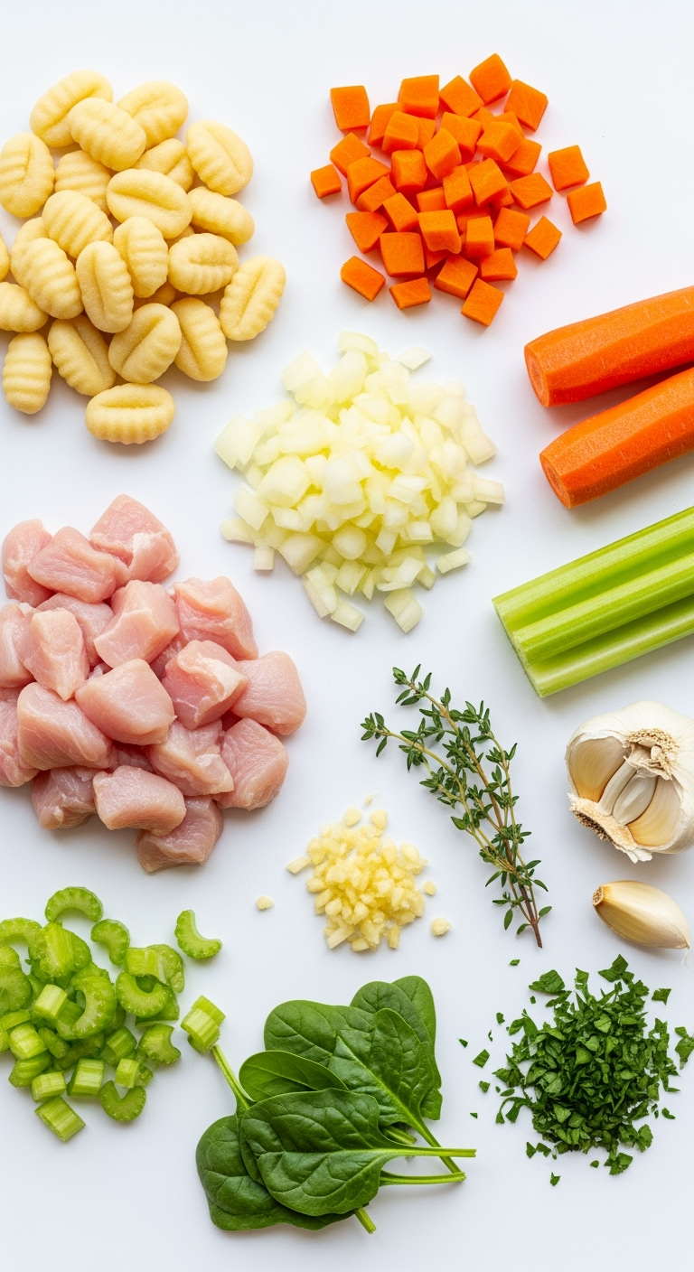 creamy-chicken-gnocchi-soup-ingredients Fresh creamy chicken gnocchi soup ingredients close-up on white background