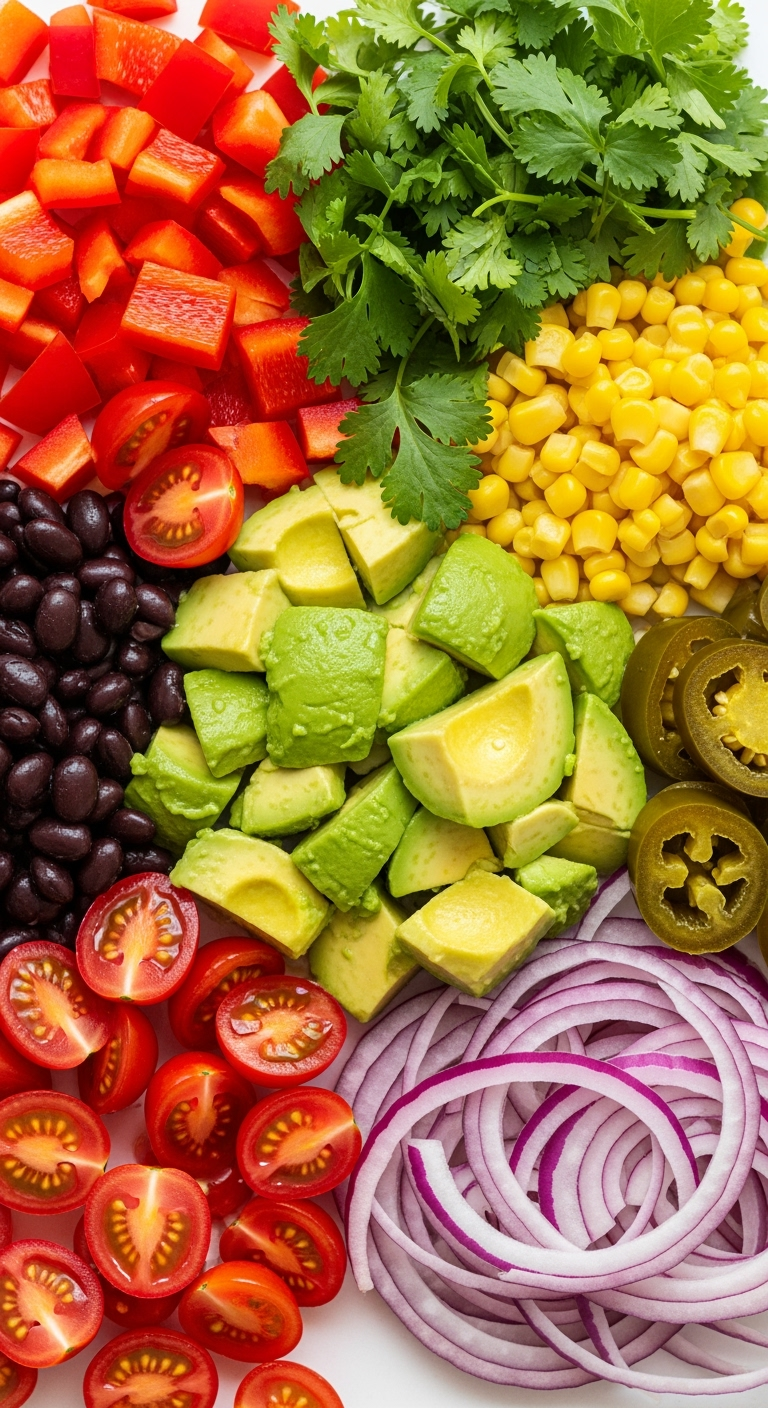 southwest-chicken-salad-fresh-ingredients Southwest Chicken Salad ingredients close-up fresh vibrant colorful textures