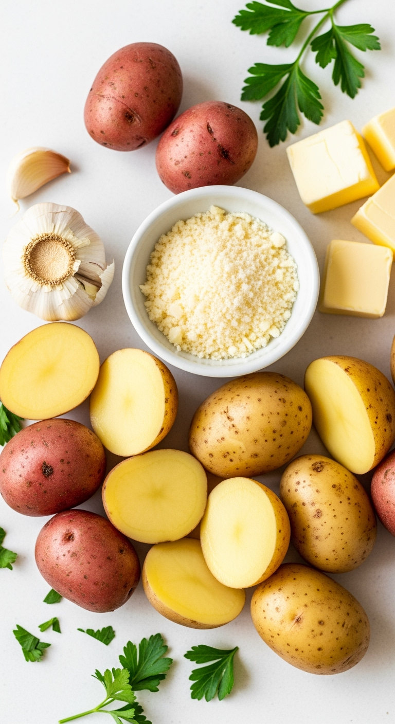 Close-up fresh garlic, potatoes, Parmesan cheese for slow cooker chicken recipe