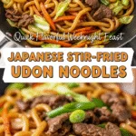 Japanese stir-fried udon noodles with beef and vibrant vegetables.