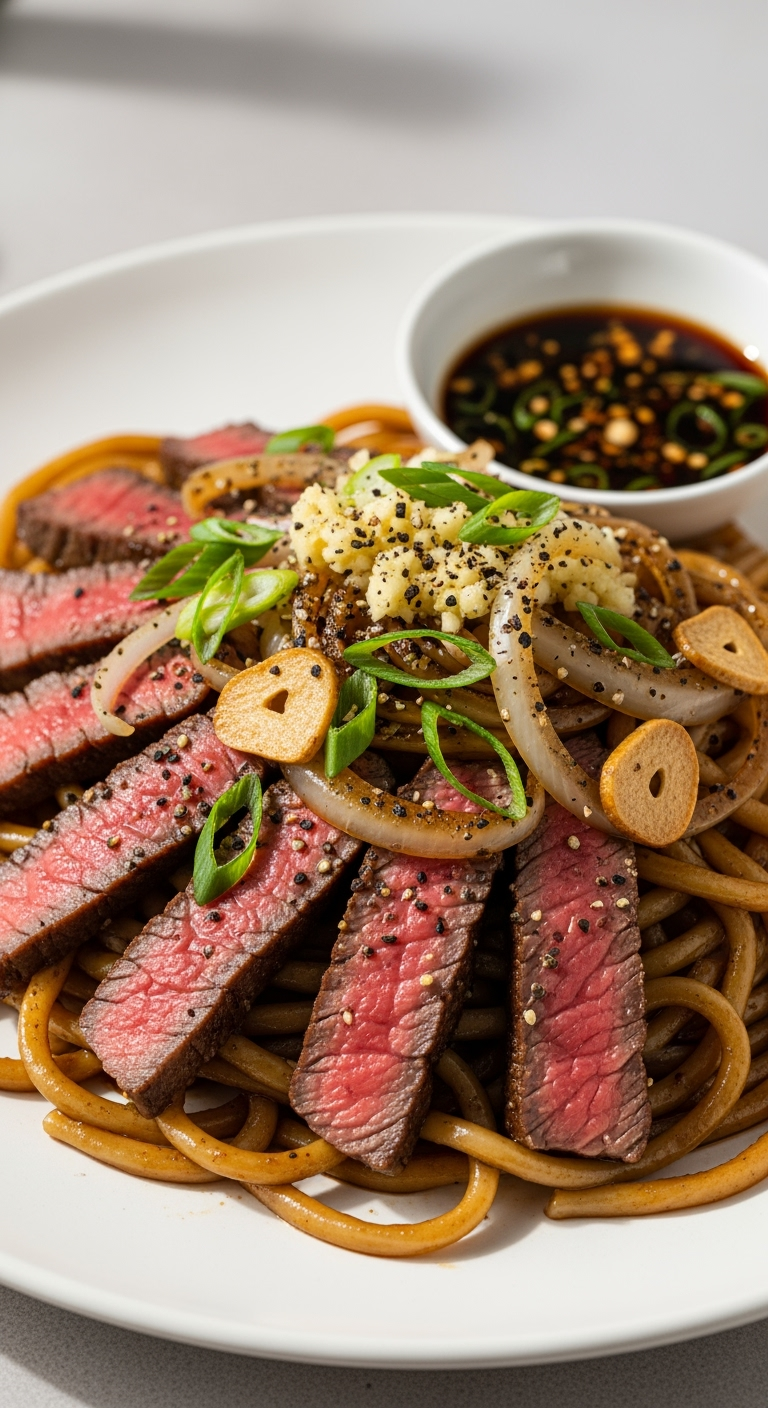 Fresh beef sirloin udon noodles in black pepper sauce close-up