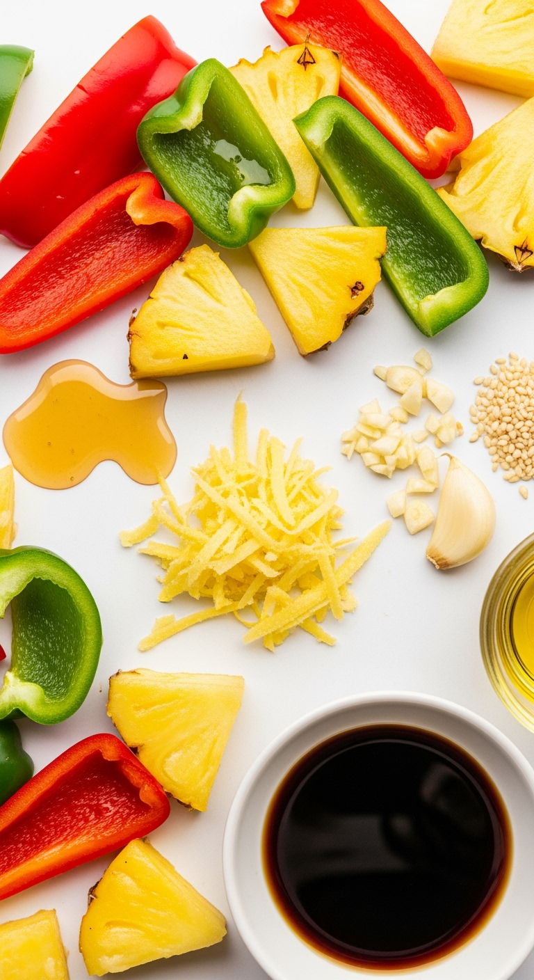 red-green-bell-pepper-pineapple-ginger Close-up vibrant bell pepper pineapple ginger honey soy sauce recipe