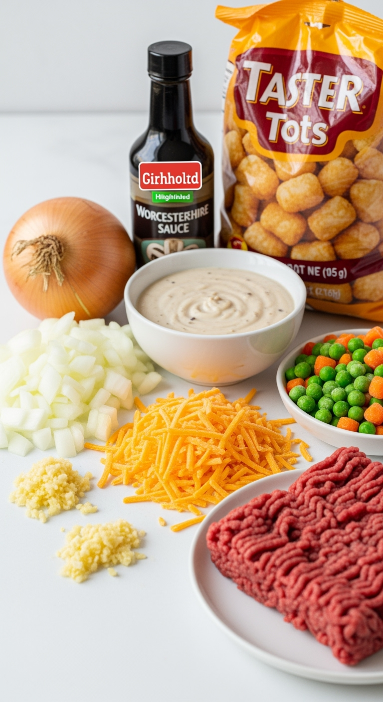 close-up-onion-garlic-beef-cheddar Close-up of easy cheesy beef casserole ingredients with fresh vegetables