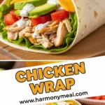 Chicken wrap with shredded chicken, avocado, cheddar cheese, and ranch sauce