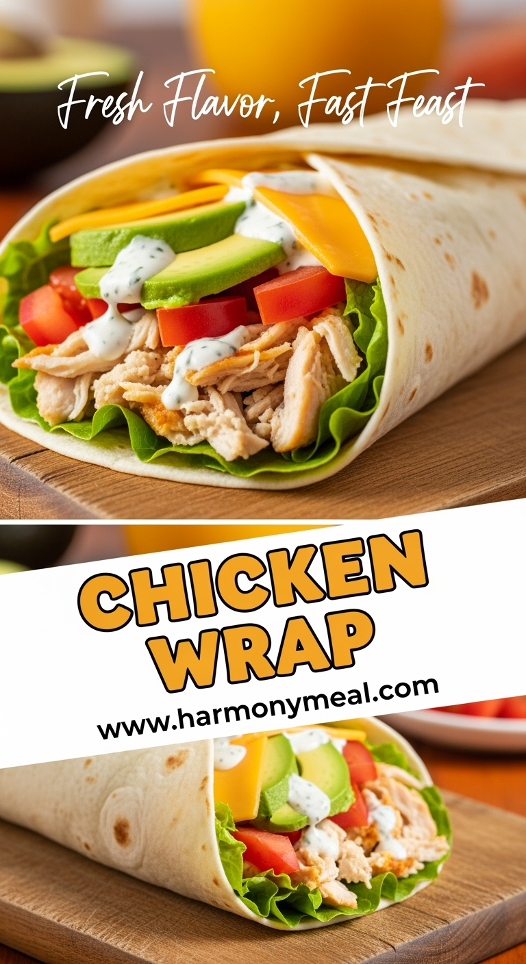 Chicken wrap with shredded chicken, avocado, cheddar cheese, and ranch sauce