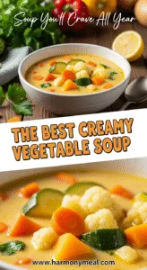 Creamy vegetable soup with carrots, broccoli, peas, rustic bread slice