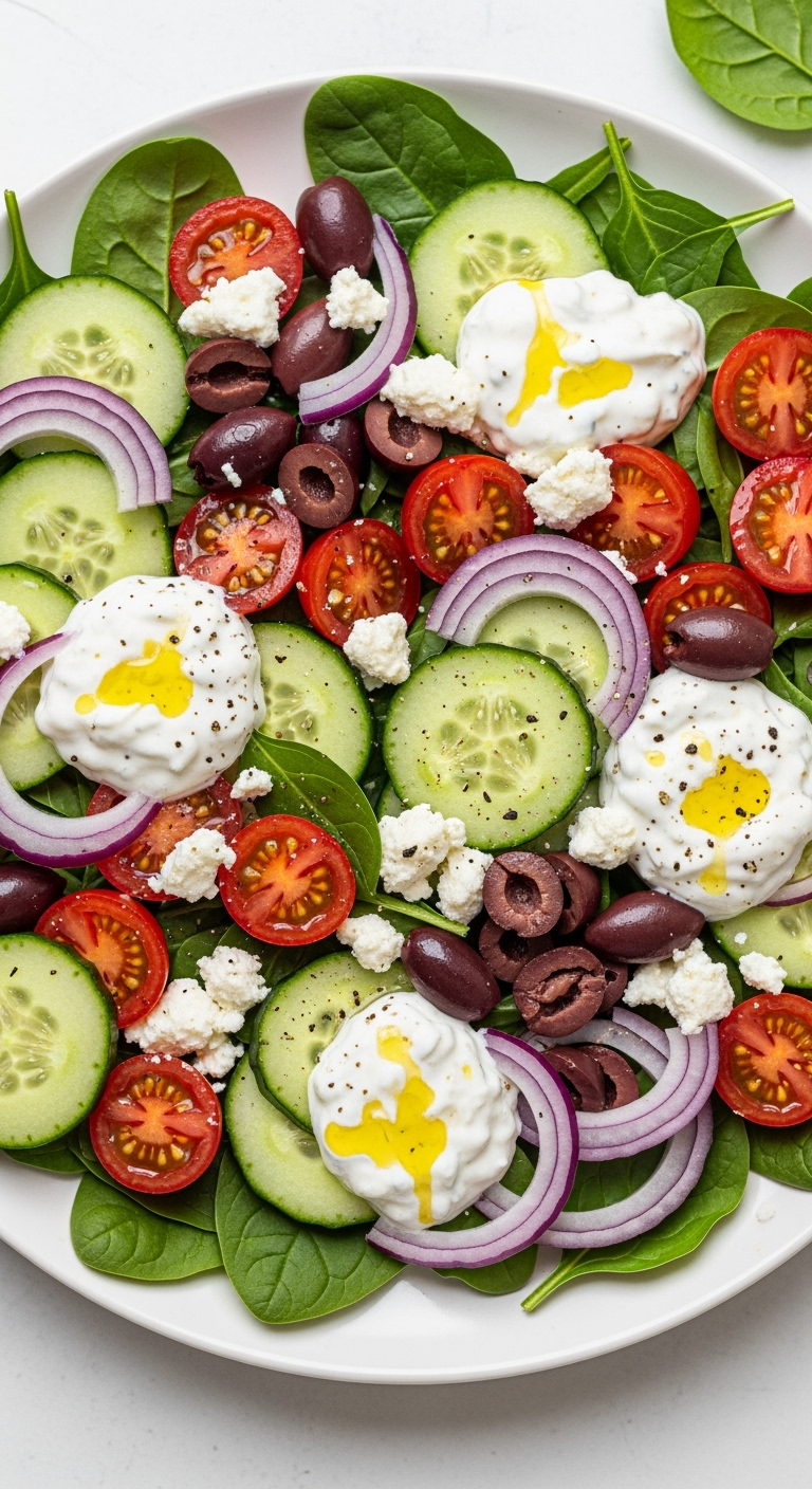 Mediterranean salad with fresh veggies, feta, olives, and tzatziki sauce