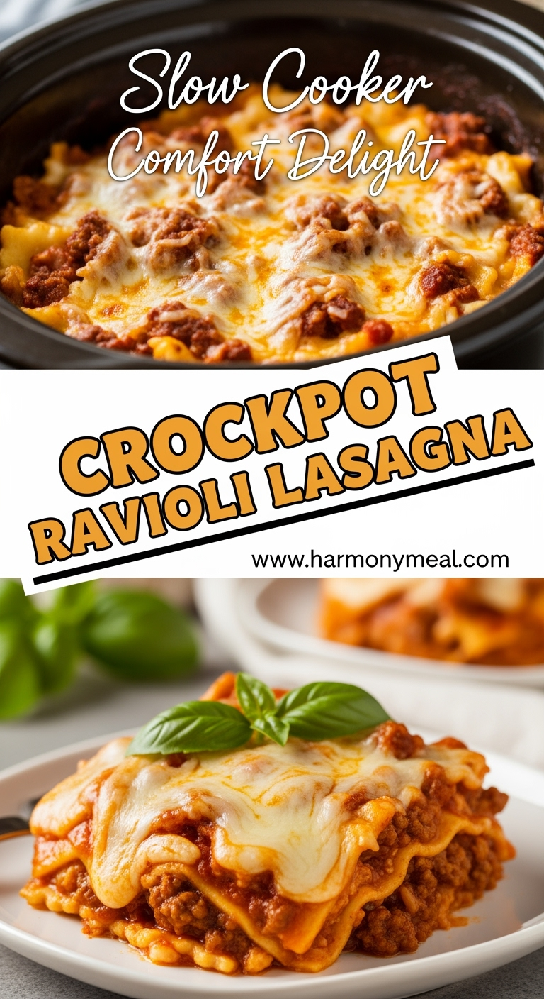 Crockpot Ravioli Lasagna with melted cheese and rich meat sauce layers