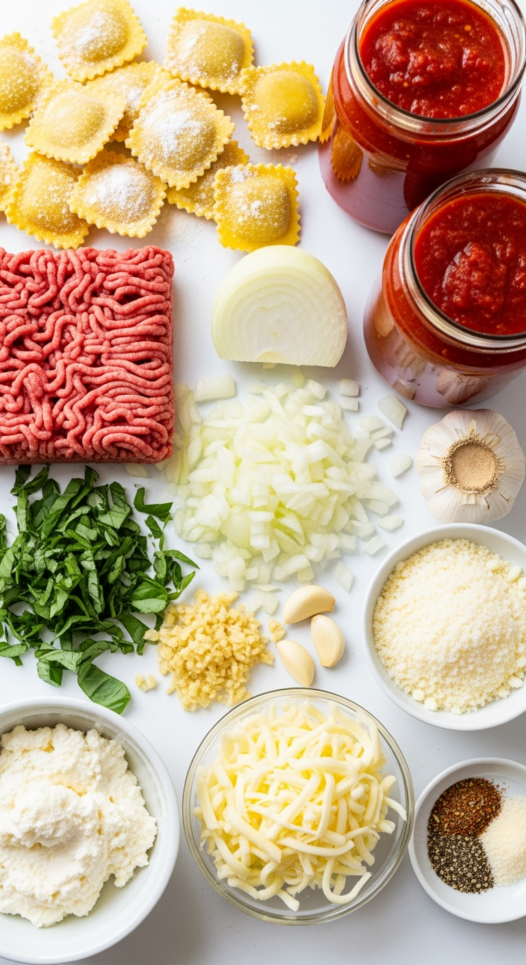 Fresh frozen cheese ravioli with raw beef and Italian seasoning ingredients close-up