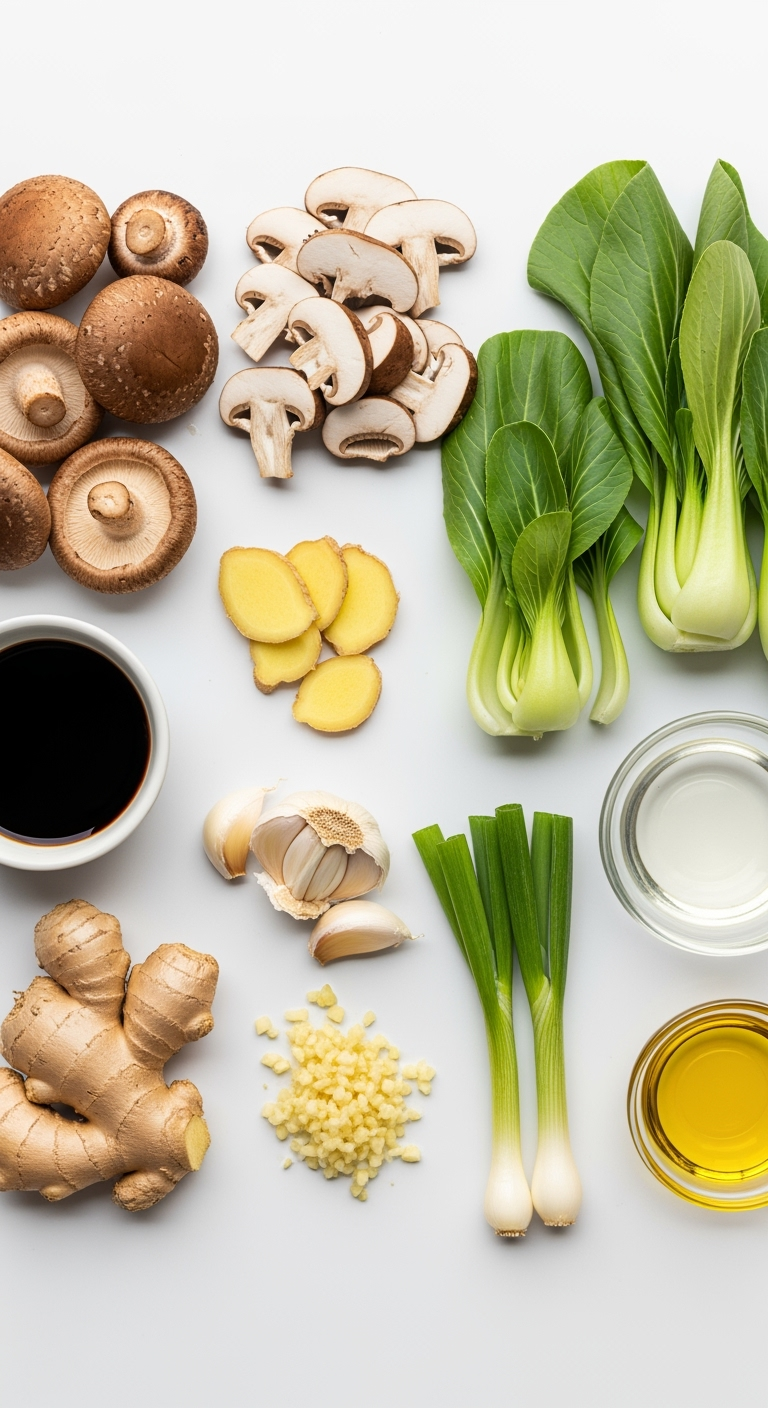 fresh-shiitake-baby-bella-bok-choy Fresh shiitake and baby bella mushroom stir-fry recipe ingredients close-up