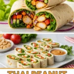 Thai Peanut Chicken Wraps close-up with fresh vegetables and peanut sauce.