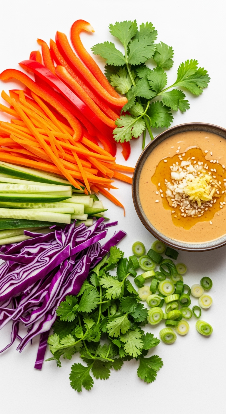 Thai peanut chicken wrap ingredients fresh vibrant vegetables close-up bowl sauce