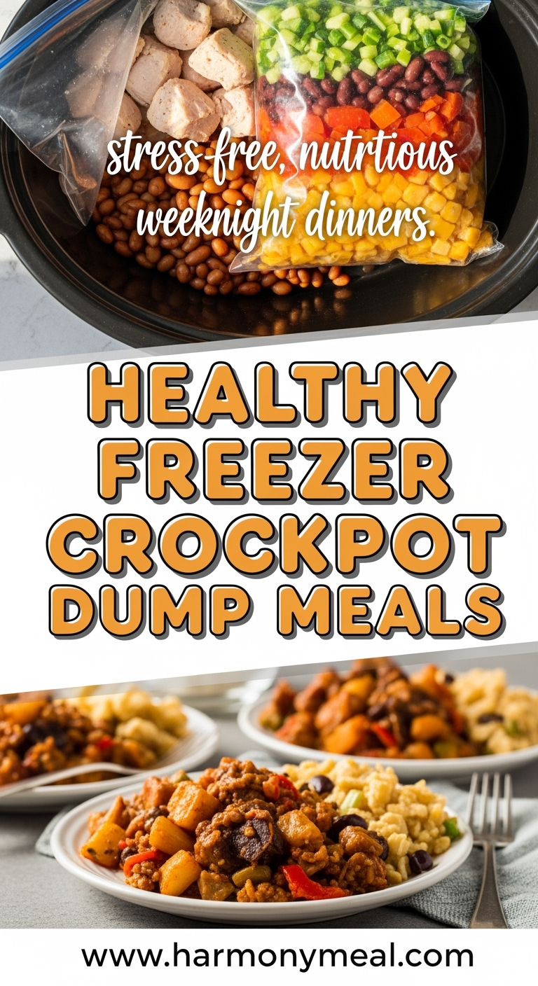 Healthy freezer crockpot dump meals with colorful chicken and vegetables