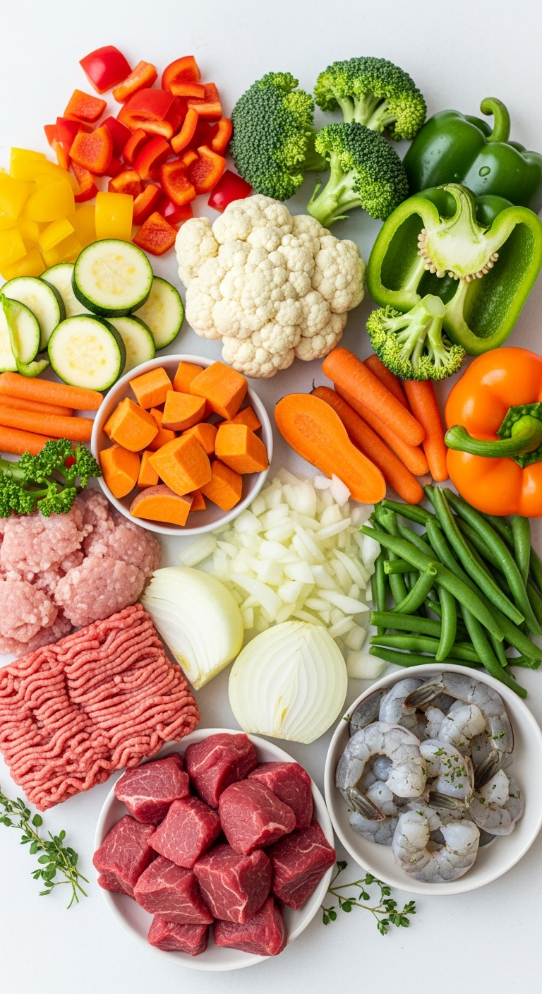 Vibrant diced bell peppers and fresh vegetables with lean turkey, steak, shrimp