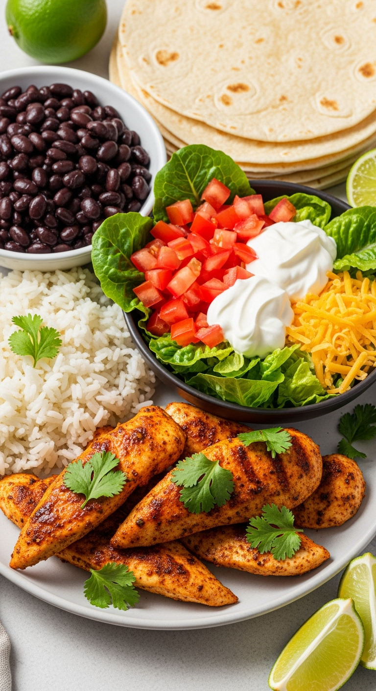chipotle-ranch-chicken-bowl-fresh Grilled chipotle ranch chicken breasts with rice, beans, and tortillas