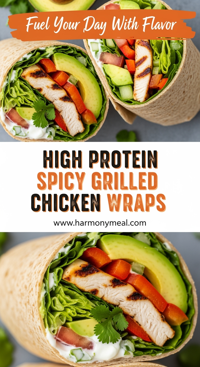 High protein spicy grilled chicken wraps with fresh veggies and avocado