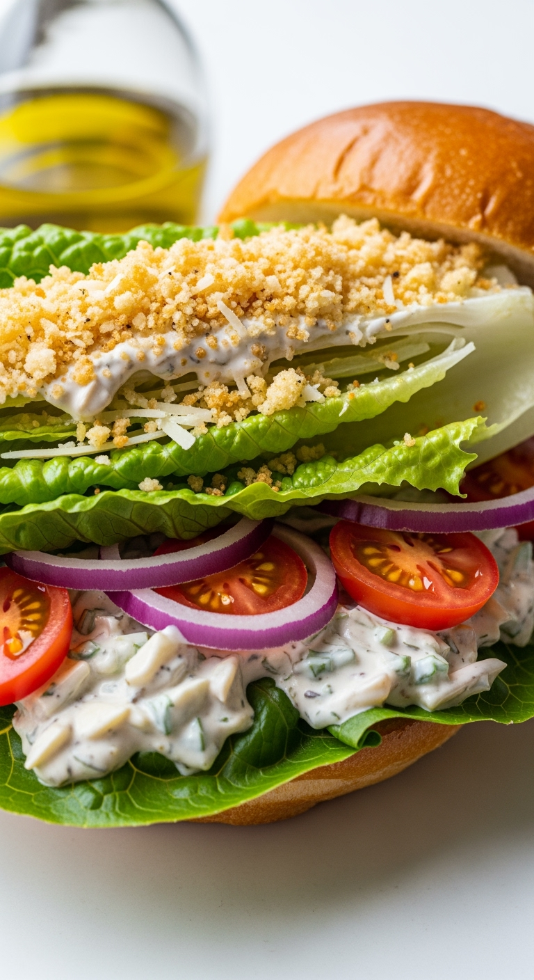 romaine-lettuce-caesar-brioche-iPhone16Pro Fresh romaine lettuce Caesar salad with crispy panko Parmesan topping