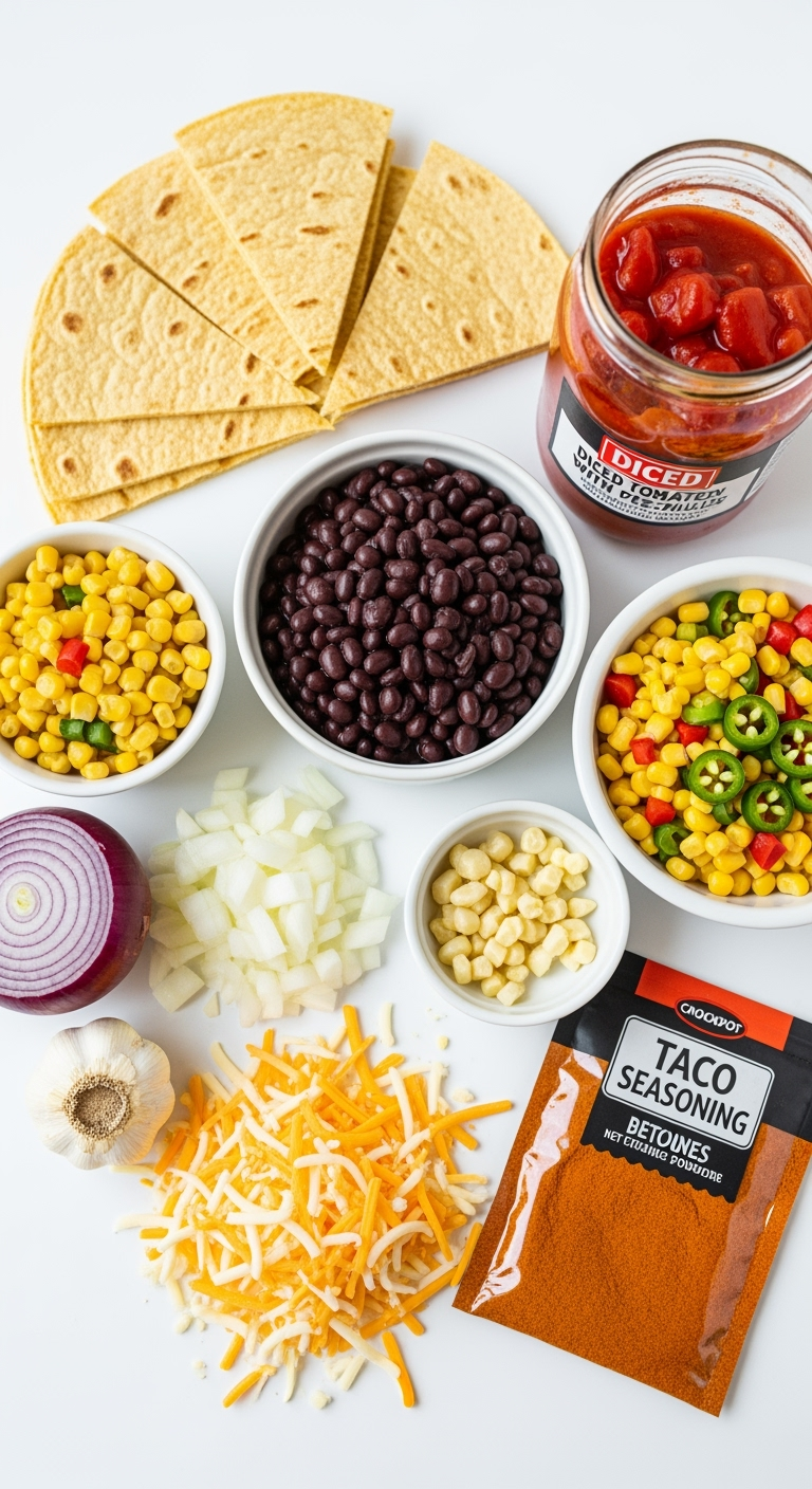 crockpot-taco-casserole-ingredients-iphone Crockpot taco casserole ingredients fresh colorful tortillas beans cheese