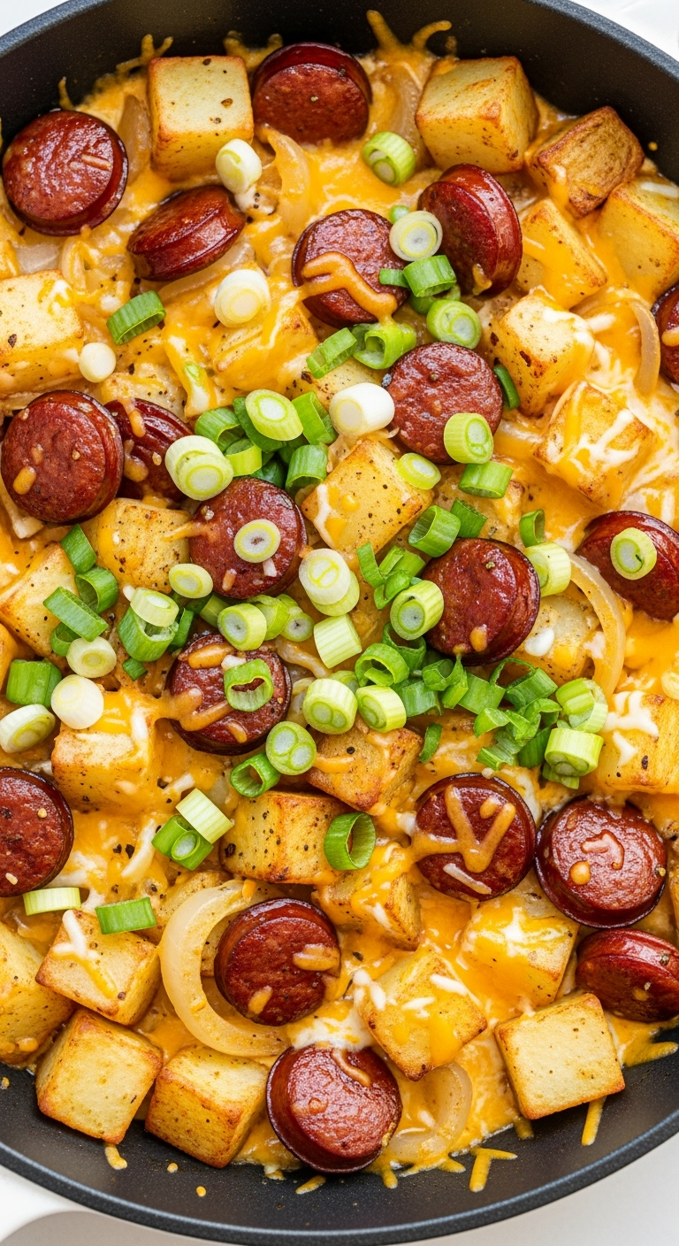 Cheesy ranch potatoes skillet with smoked sausage and golden Yukon Golds