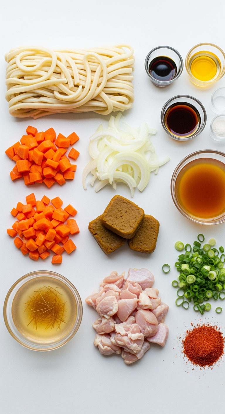 Authentic Japanese curry udon ingredients fresh vibrant close-up photo