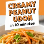 Creamy peanut udon noodles with shredded carrots and green onions close-up