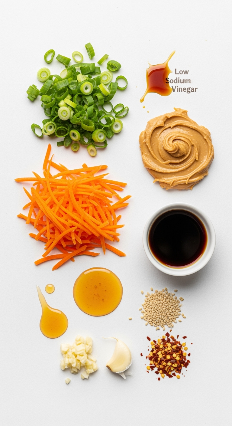 Fresh shredded carrots salad with scallions and creamy peanut butter swirl