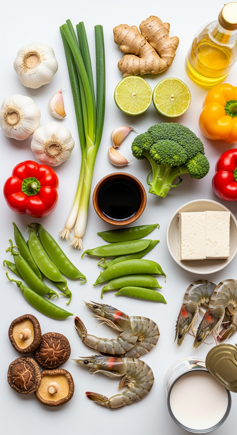 fresh-garlic-ginger-lime-broccoli-tofu Fresh garlic ginger shrimp tofu recipe ingredients vibrant colorful display