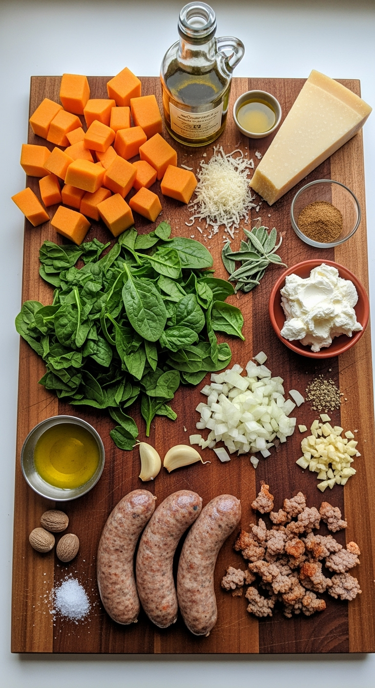 butternut-squash-spinach-italian-sausage Rustic butternut squash recipe with sausage, spinach, and creamy mascarpone.