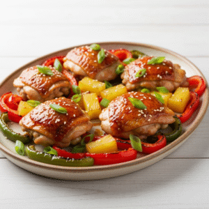 Hawaiian chicken sheet pan dinner with pineapple and peppers.