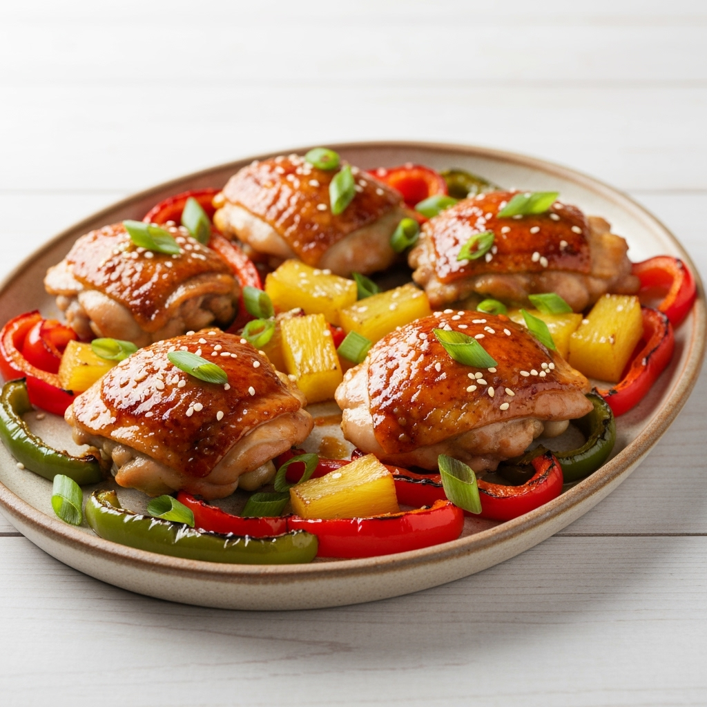 Hawaiian chicken sheet pan dinner with pineapple and peppers.