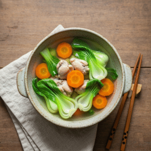 Hearty bok choy chicken soup in rustic ceramic bowl.