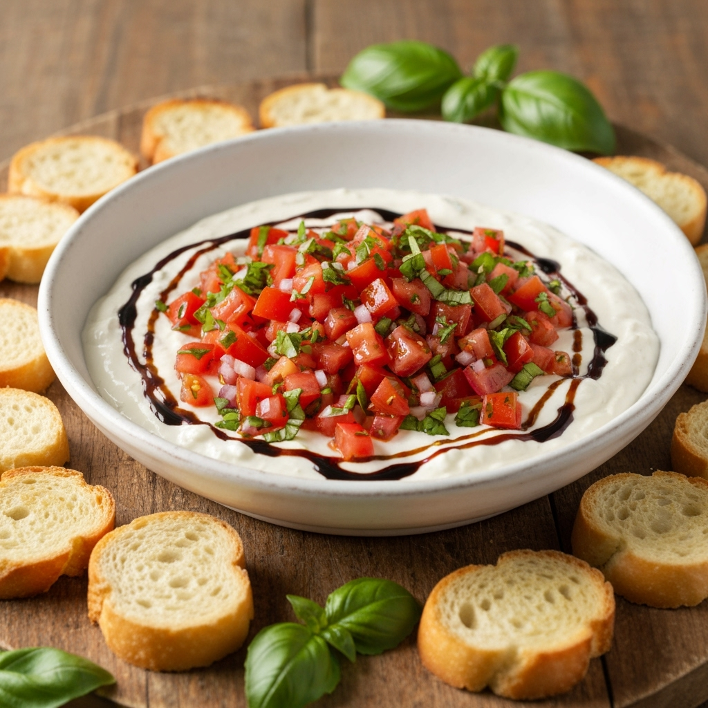 Creamy bruschetta dip with tomatoes basil and balsamic glaze