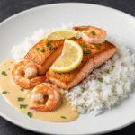 Cajun shrimp and salmon with creamy garlic sauce over rice.