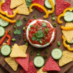 Cream cheese salsa dip with tortilla chips and fresh vegetables.