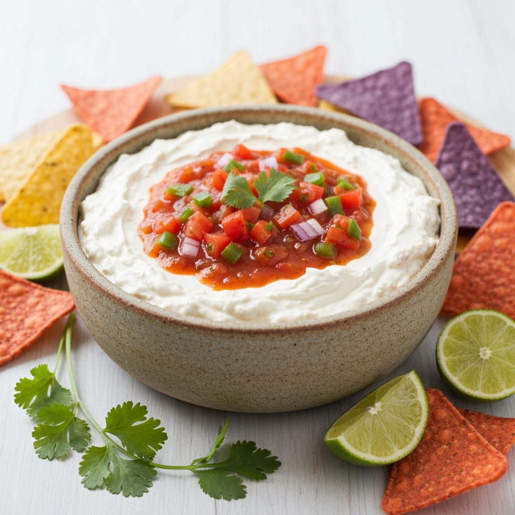 Creamy cream cheese salsa dip with tortilla chips.