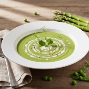 Cream of Spring Vegetable Soup recipe with coconut milk garnish