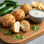Golden Jalapeño Popper Cheese Balls with pretzel bacon coating.