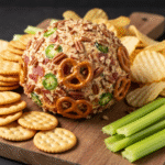 Jalapeño popper cheese ball with pecans, pretzels, bacon, and jalapeños.