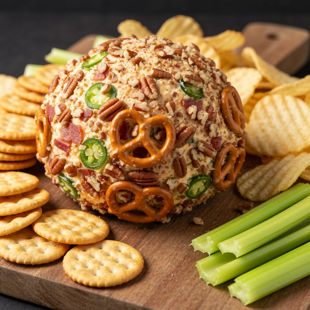 Jalapeño popper cheese ball with pecans, pretzels, bacon, and jalapeños.
