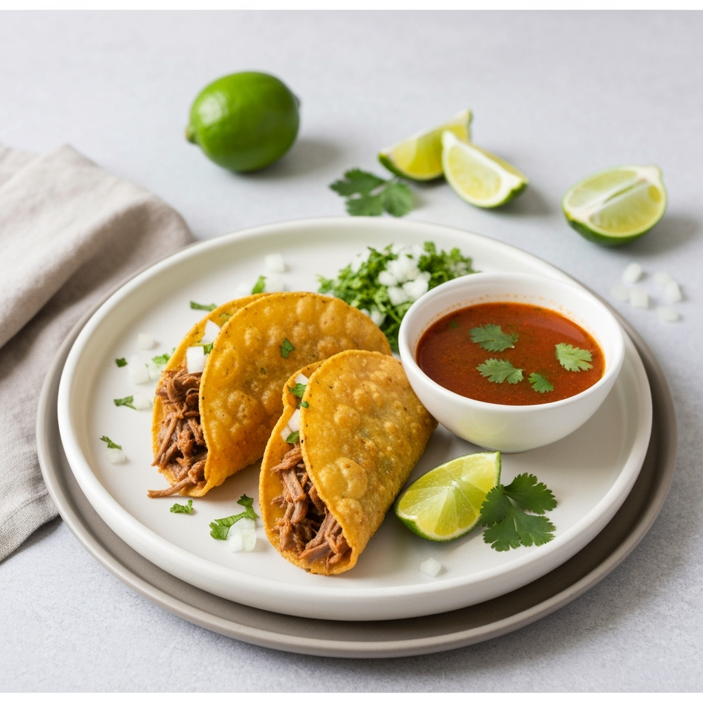 Golden crispy birria tacos with consommé for dipping.
