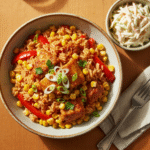 One pan honey BBQ chicken rice with colorful vegetables and coleslaw