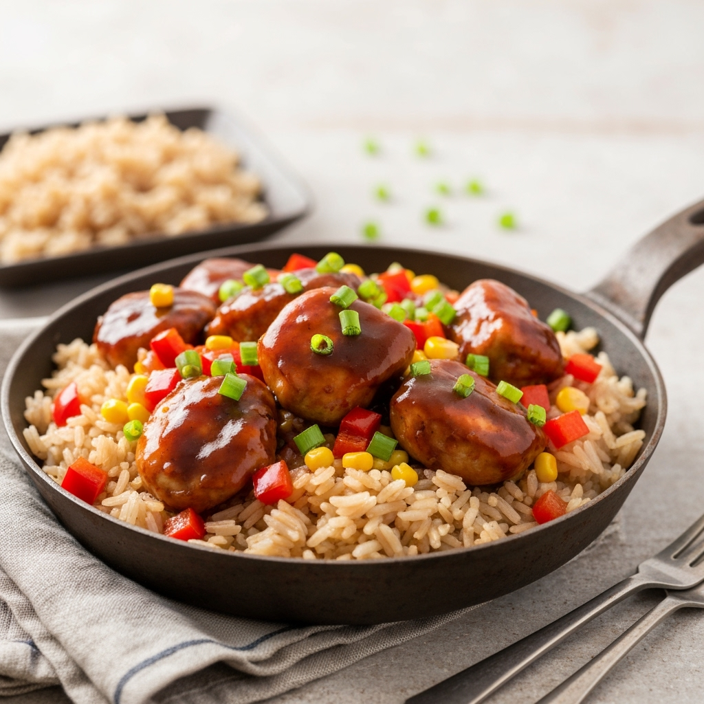 One pan bold honey BBQ chicken rice with peppers and corn.
