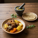 Hearty Mexican beef soup caldo de res with fresh salsa verde