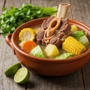 Steaming bowl of traditional Caldo de Res beef soup.