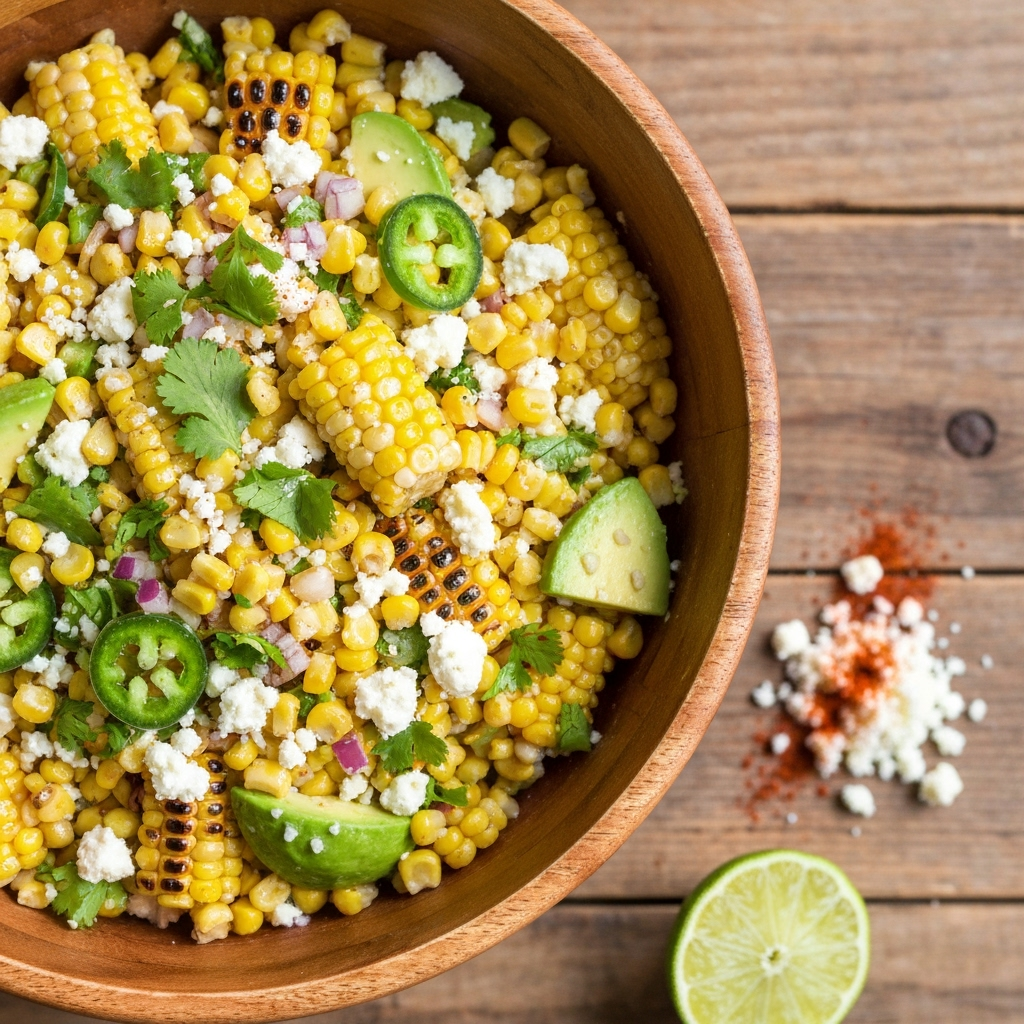 Summer street corn salad with cotija cheese and avocado.