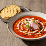 Velvety chicken tortilla soup with cotija cheese and grilled tortillas.