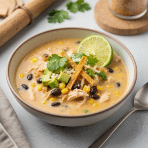 Velvety chicken tortilla soup recipe with avocado and cilantro garnish.