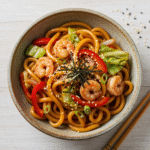 Vibrant yaki udon noodle stir fry with shrimp recipe