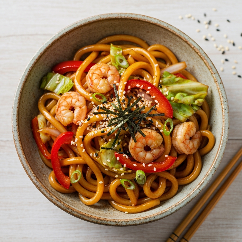 Vibrant yaki udon noodle stir fry with shrimp recipe